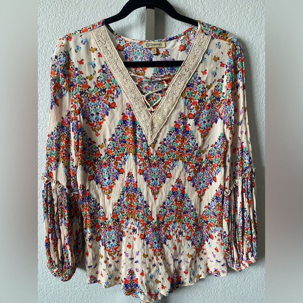 Democracy Boho peasant Tunic top blouse floral long sleeve small